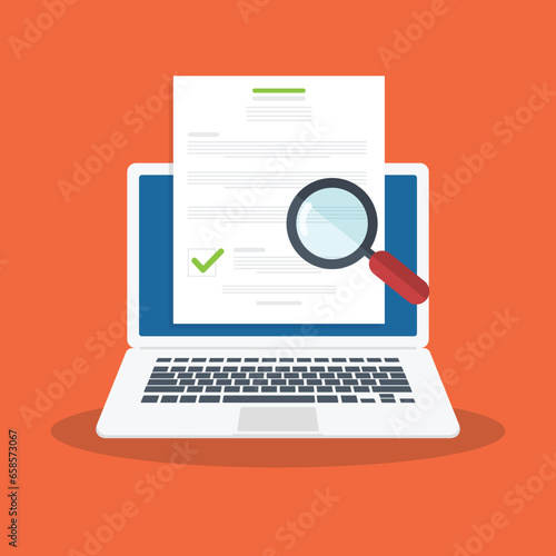 Online digital document inspection or assessment evaluation on laptop computer, contract review, analysis, inspection of agreement contract, compliance verification. Vector illustration	