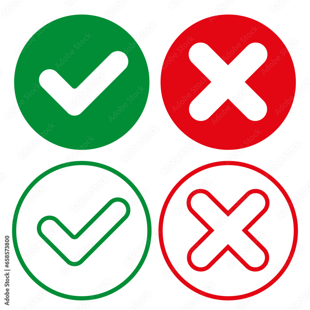 Set of checkmarks in round shapes. Buttons for voting, selecting elections. OK sign and X icon. Set of checkmarks in round shapes. Buttons for voting, selecting elections. OK sign and X icon.