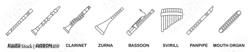 Set of wind musical instruments. Wind musical instruments with the name in a thin line.