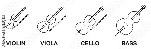 Set of symphonic string musical instruments. Set of stringed instruments with title in thin line.