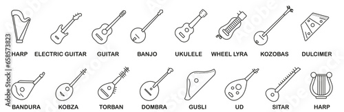 Set of stringed musical instruments. Set of stringed instruments with title in thin line.