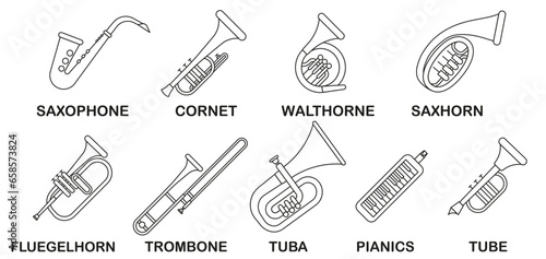 Wind musical instruments with the name in a thin line. Set of wind musical instruments.