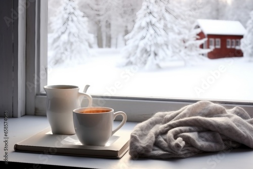 Cozy winter still life cup of hot coffee and opened book with warm plaid on vintage windowsill of cottage against snow landscape with snowdrift from outside.generative ai.
