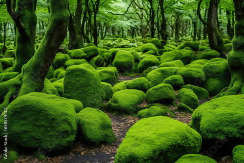 Sunlight filters through the dense canopy of a Swedish forest during summer, illuminating the vibrant foliage and moss-covered rocks. The lush greenery and natural tranquility create a paradise-like a