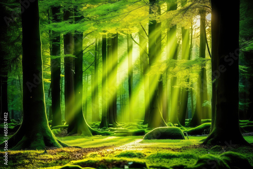 Sunlight filters through the dense canopy of a Swedish forest during summer, illuminating the vibrant foliage and moss-covered rocks. The lush greenery and natural tranquility create a paradise-like a