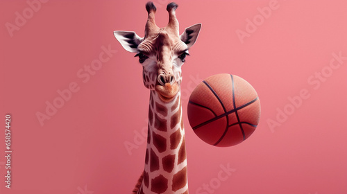 A giraffe playing basketball, its long neck extending all the way to the hoop. The giraffe is comically engaged in the game, showcasing its flexibility and enthusiasm.  photo