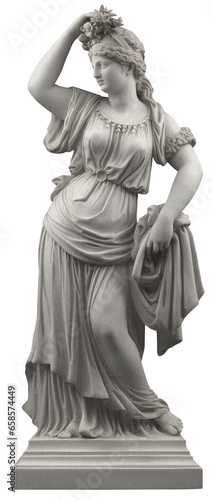 A full-length Greek statue of a female goddess on a transparent background, with a grainy texture, vintage illustration