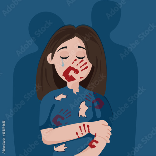 a brunette girl in a blue tattered sweater with handprints on her clothes and face was sexually assaulted by men whose images are behind her, Vector Illustration