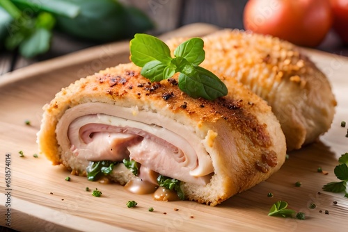﻿The camera is zooming in on Chicken Cordon Bleu, with a bright light behind it in the studio.. AI Generated photo