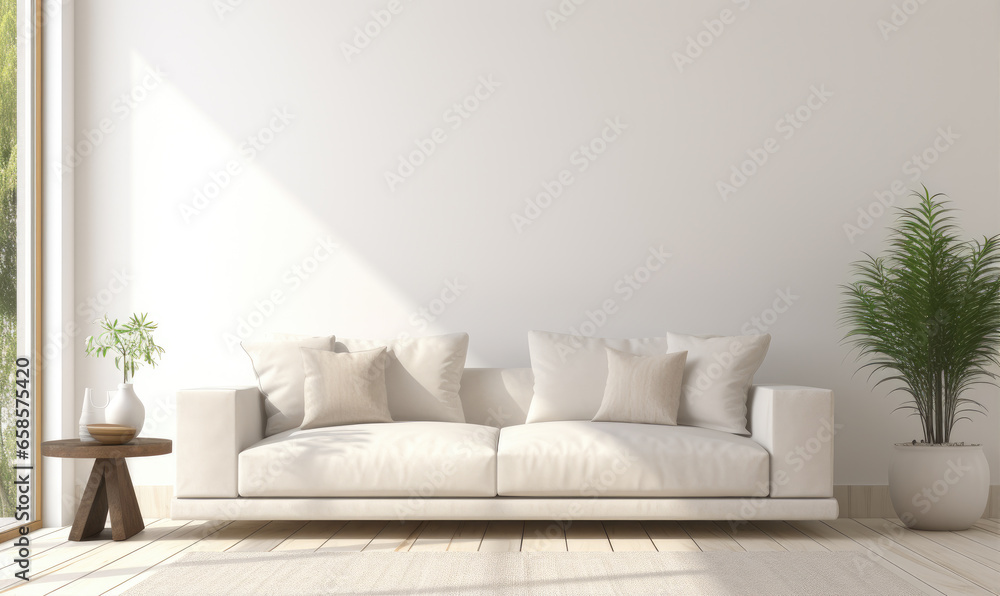 Fototapeta premium Modern living room interior with bright creamy sofa, white wall background