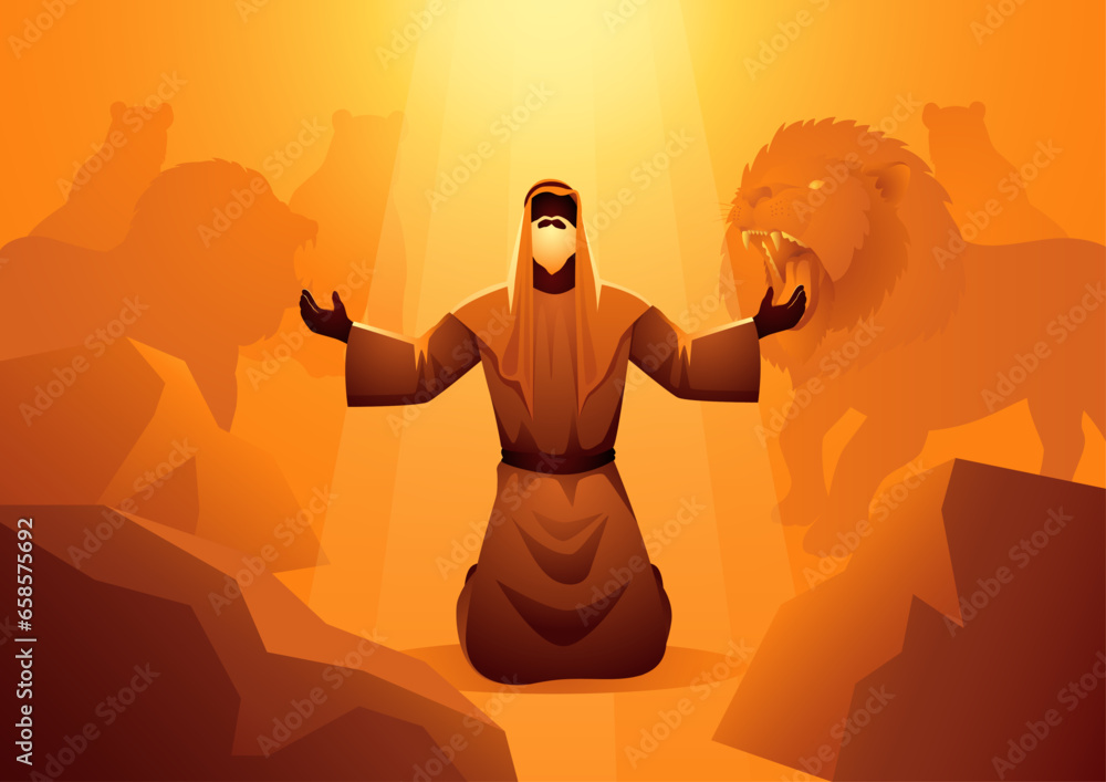 Biblical vector illustration series, Daniel in the lions den - obrazy, fototapety, plakaty 