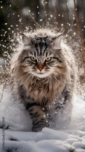 A large snow cat, embodying both fierceness and adorability, caught in dynamic action—a jump through a flurry of snow, creating captivating splashes.