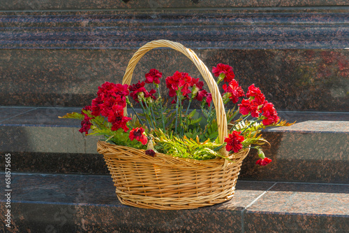 A wicker basket full of carnations on the stone steps near the monument