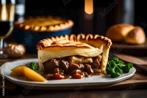 ﻿This picture is a close-up of a Beef and Guinness Pie. The background is blurry, but you can see a pretty forge in it.. AI Generated photo