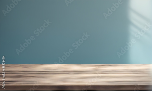 Wooden table and sunlit wall  product mockup template