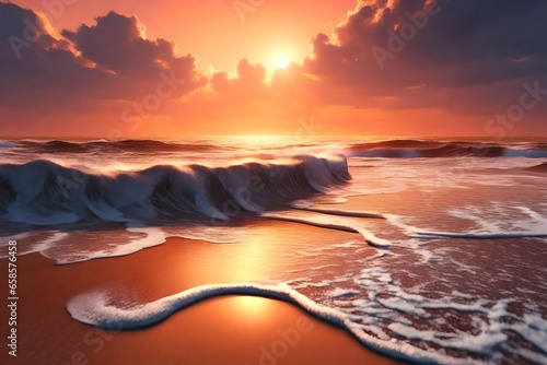 Amazing beach sunset with endless horizon and lonely figures in the distance, and incredible foamy waves. © Jasmeen