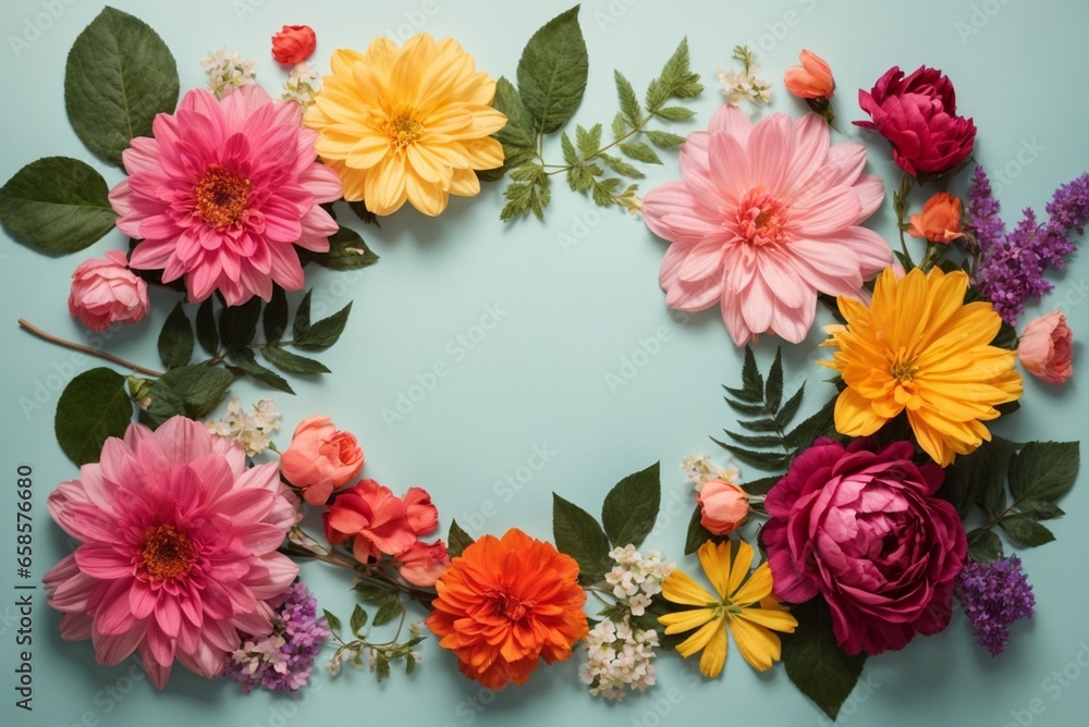 Flowers composition. Frame made of colorful flowers on blue background. Flat lay, top view, copy space Flowers composition. Frame made of colorful flowers on blue background. Flat lay, top view, copy space