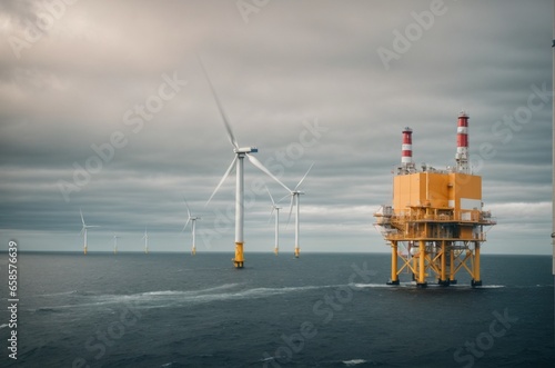 Offshore oil and gas production petroleum pipeline and wind turbine in the sea.
