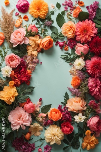 Flowers composition. Frame made of colorful flowers on blue background. Flat lay, top view, copy space