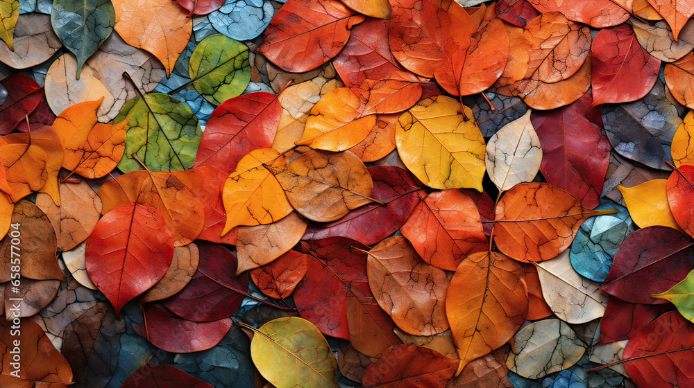 Layered autumn leaves creating a mosaic of colors. AI generative