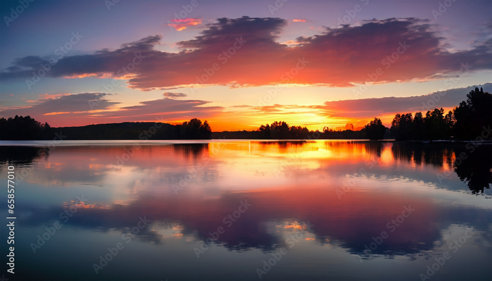 A picture capturing a lively sunset above a tranquil lake, where the water reflects a spectrum of vibrant colors