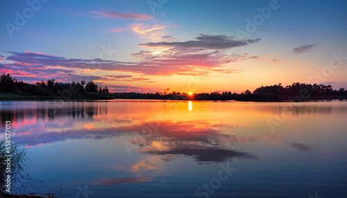 A picture capturing a lively sunset above a tranquil lake  where the water reflects a spectrum of vibrant colors