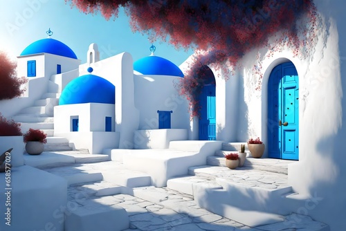 Scenic view of traditional cycladic white house and blue domes in  village. photo