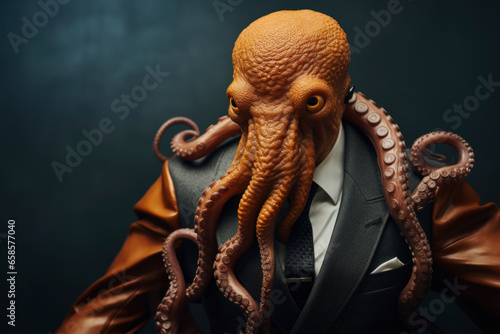 Fototapeta Naklejka Na Ścianę i Meble -  Humanised animals concept. funny character personage. humanized octopus in suit and tie on dark background. businessman style.