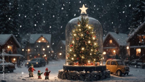 Picture of a christmas tree full of gifts in a big glass jar or bottle, there are stars on it, full of lights on, miniature outdoors with snowfall.