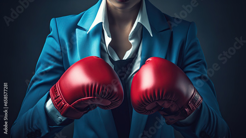 businesswoman wearing boxing gloves © iwaart