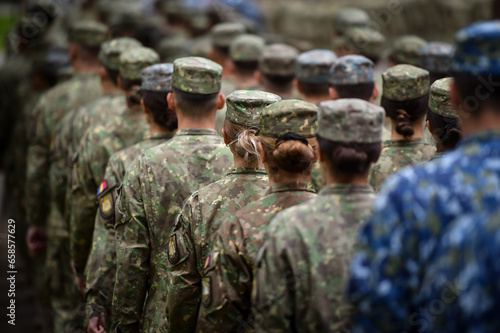 Soldiers in marching formation during military recruitment