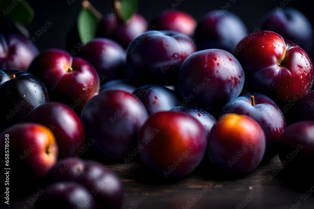 The camera is focused closely on plums, which are in front of a dark background in a special room for taking pictures.. AI Generated The camera is focused closely on plums, which are in front of a dark background in a special room for taking pictures.. AI Generated