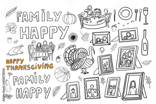 Cute set of thanksgiving day. Happy family, family having dinner, framed family photo, picture frames with family portraits, turkey, framed sketches of family members, leaves, pumpkin. Hand drawn