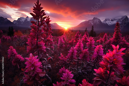 The majestic beauty of Denali National Park in Alaska, USA. Home to the tallest peak in North America, Mount Denali, this vast wilderness is teeming with diverse wildlife, including grizzly bears, moo