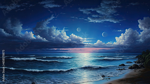 Moonlit ocean expanse, peace in nature's rhythm. AI generative