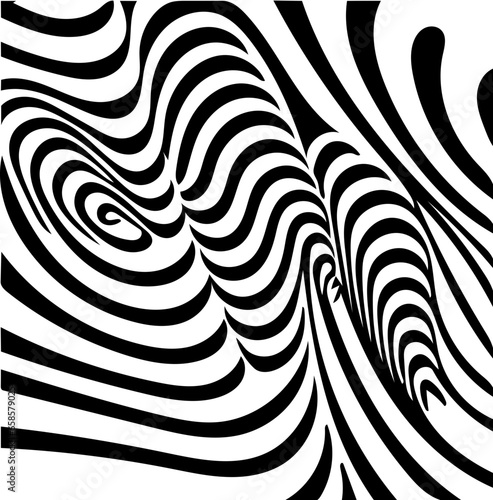 Black and white illustration of psychic waves, spiral pattern, zebra lines, illusion art