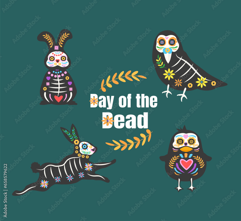 Obraz premium Day of the dead, Dia de los muertos, animals skulls and skeleton decorated with colorful Mexican elements and flowers. 
