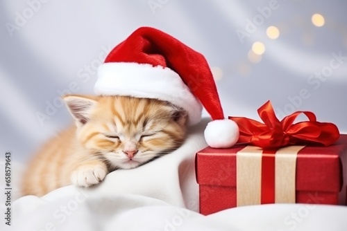Cute orange kitten with gift box wearing a red Santa's hat sleeps. Top down view