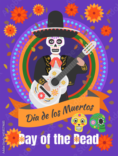 Day of the dead, Dia de los muertos. Fiesta, Halloween holiday poster, party flyer, funny greeting card.