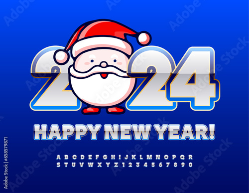 Vector funny Greeting Card Happy New Year with lovely Santa Claus. Stylish glossy Font, Modern Alphabet Letters and Numbers set