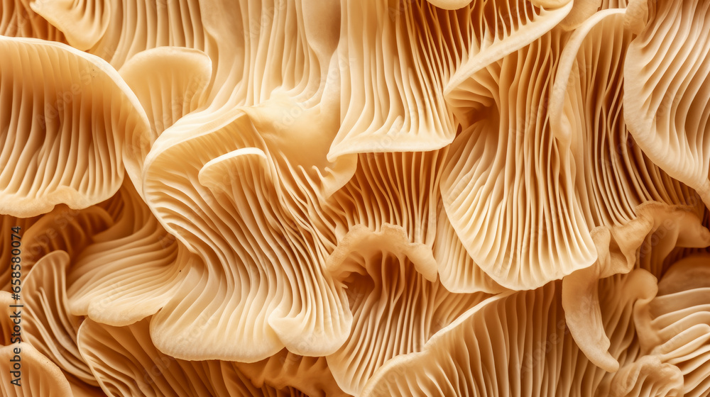 Mushroom texture pattern for design and decoration. Beautiful natural oyster mushrooms macro background. Edible mushrooms texture. Autumn oyster mushroom pattern. Closeup Mushroom texture pattern for design and decoration. Beautiful natural oyster mushrooms macro background. Edible mushrooms texture. Autumn oyster mushroom pattern. Closeup