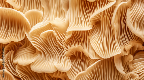 Mushroom texture pattern for design and decoration. Beautiful natural oyster mushrooms macro background. Edible mushrooms texture. Autumn oyster mushroom pattern. Closeup