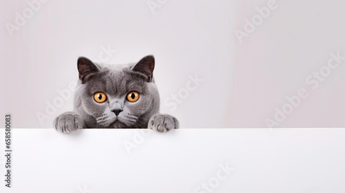 beautiful funny grey British cat peeking out