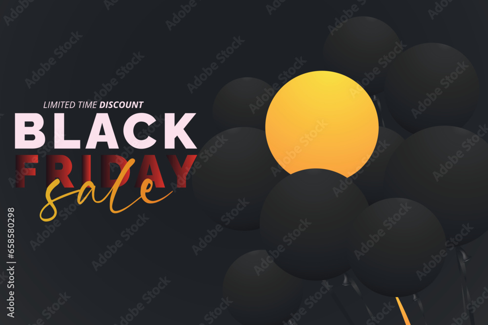 realistic black friday sale banner with pink black balloons - obrazy, fototapety, plakaty 