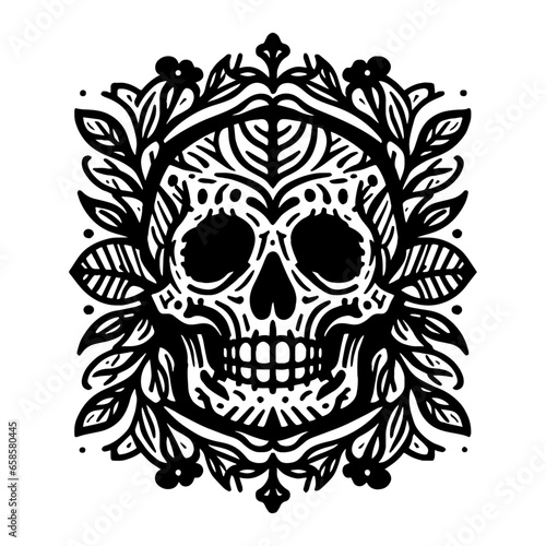 skull with decorative leaves elements