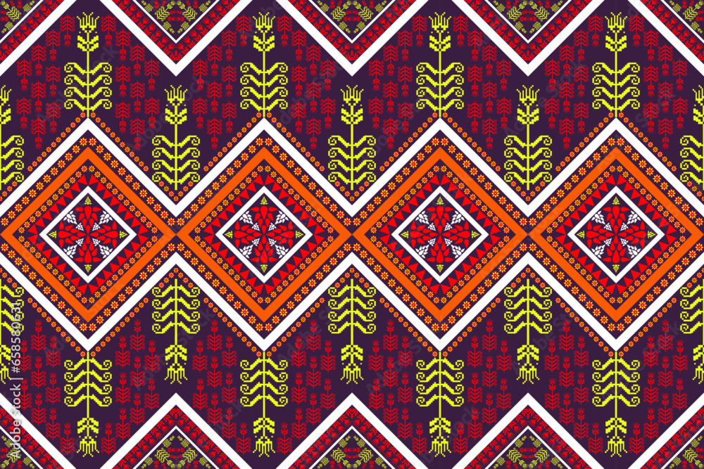 Ethnic geometric fabric pattern Cross Stitch.Ikat embroidery Ethnic oriental Pixel pattern white orange yellow purple background. Abstract,vector,illustration. Texture clothing,scarf,decoration motifs