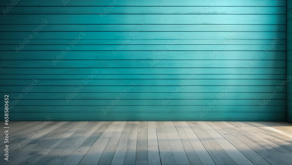 Blue turquoise empty wall and wooden floor with interesting with glare from the window