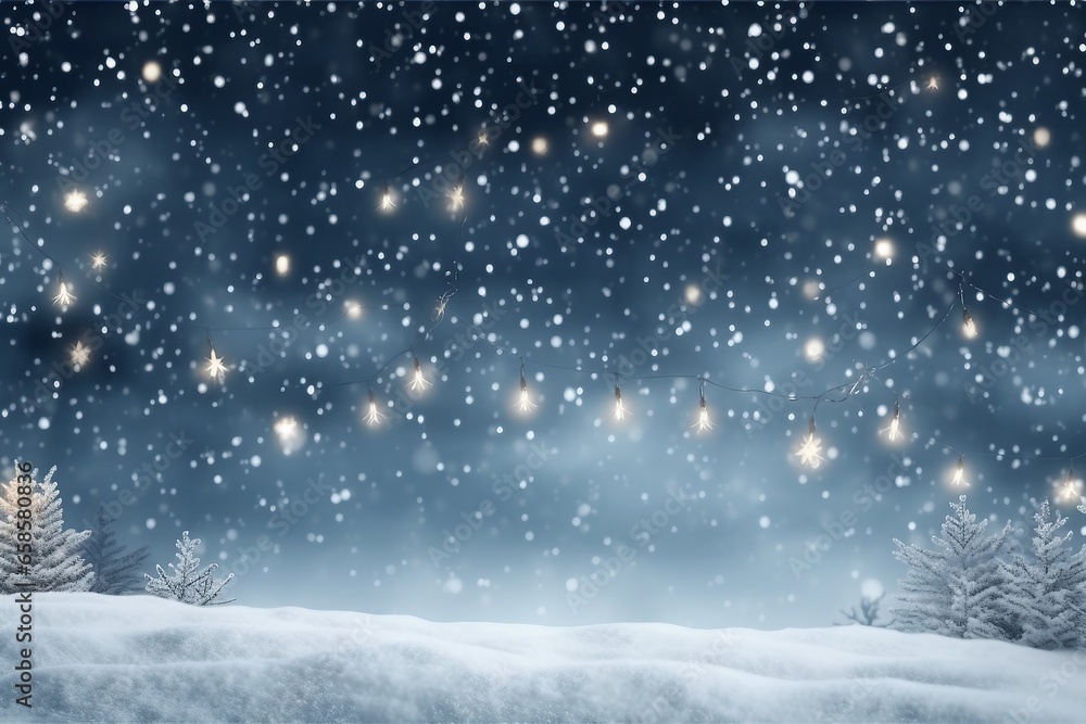 Snowy night with light garlands, falling snow, snowflakes, snowdrift for winter and new year holidays. Holiday winter landscape. Christmas vector background.generative ai. Snowy night with light garlands, falling snow, snowflakes, snowdrift for winter and new year holidays. Holiday winter landscape. Christmas vector background.generative ai.