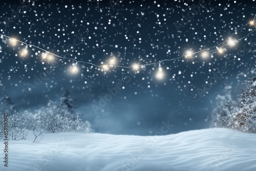 Snowy night with light garlands, falling snow, snowflakes, snowdrift for winter and new year holidays. Holiday winter landscape. Christmas vector background.generative ai. © SEUNGJIN