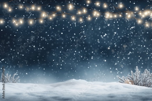 Snowy night with light garlands, falling snow, snowflakes, snowdrift for winter and new year holidays. Holiday winter landscape. Christmas vector background.generative ai. © SEUNGJIN